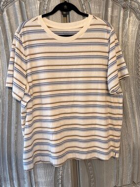 Market & Spruce Short Sleeve Striped Crew Tee in White, Blue & Tan